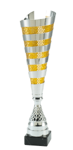 Ekskluzywny puchar srebrno-złoty o wysokości 425 mm, idealny na prestiżowe zawody i uroczystości.