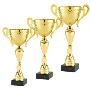 Zestaw eleganckich pucharów sportowych w promocyjnej cenie od Nagrodzony.pl, idealnych na turnieje i wydarzenia.