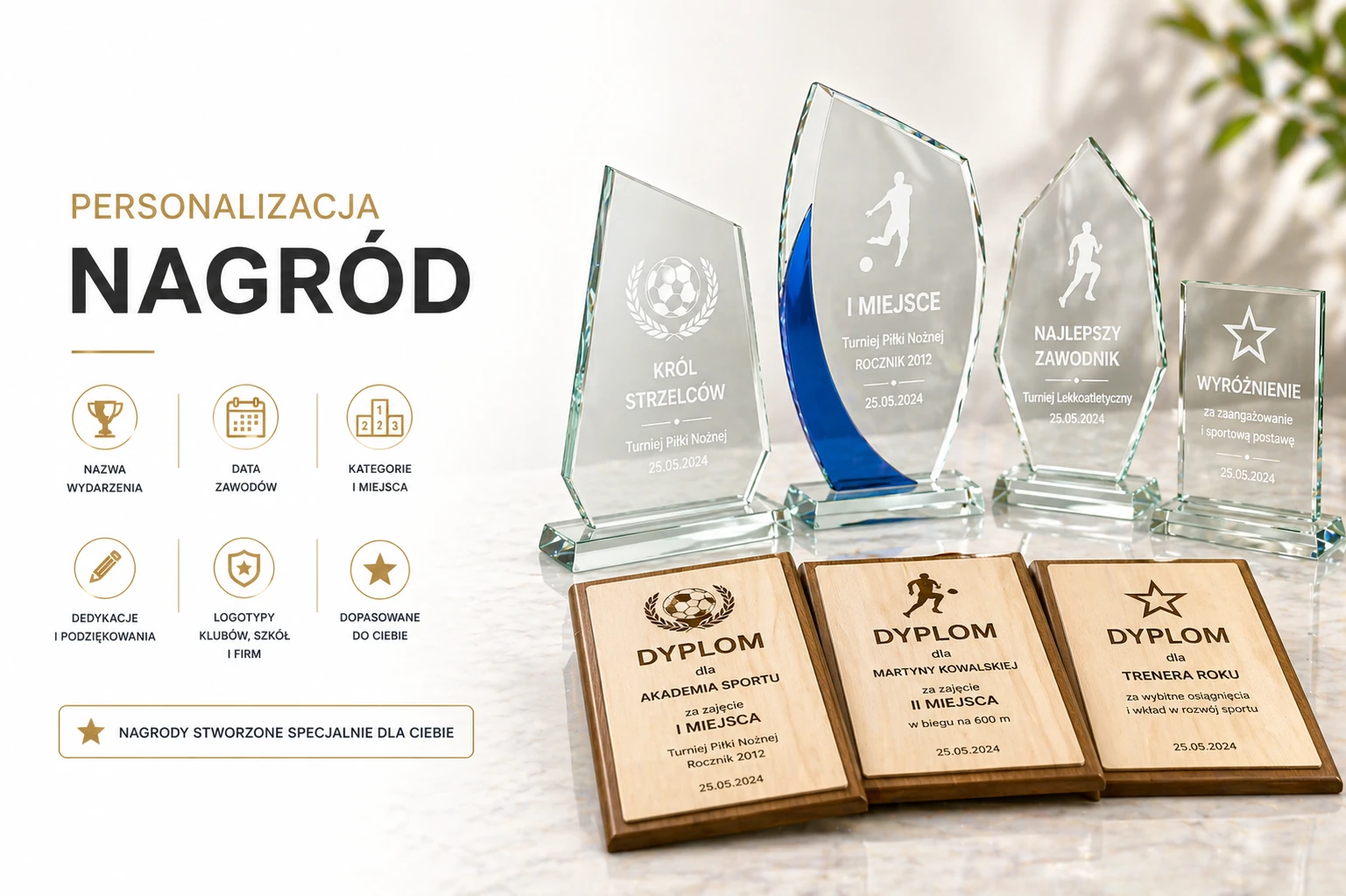 trofea szklane z grawerem dla zawodników i firm