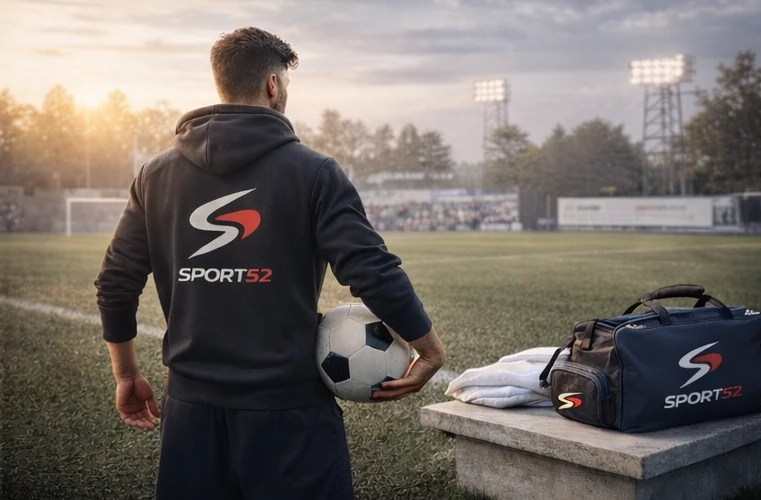 drużyna sportowa w strojach z nadrukiem Sport52 oraz trofea sportowe