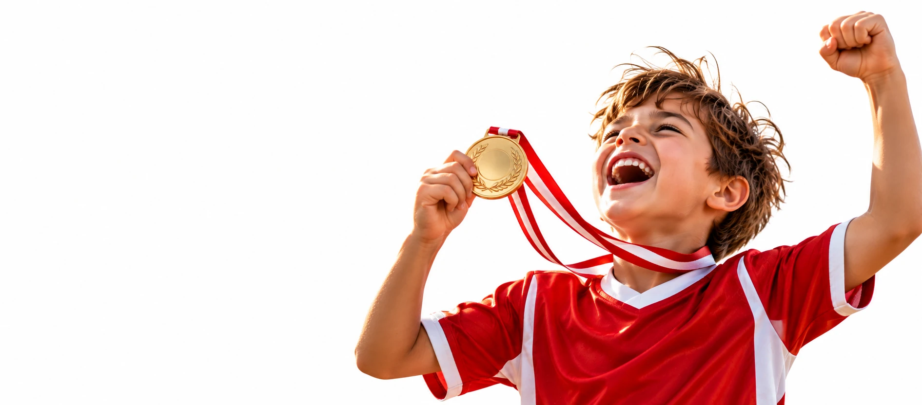 Uśmięchnięte dziecko cieszące się ze zgobytego medalu sportowego - znaczenie nagradzania dzieci w sporcie.